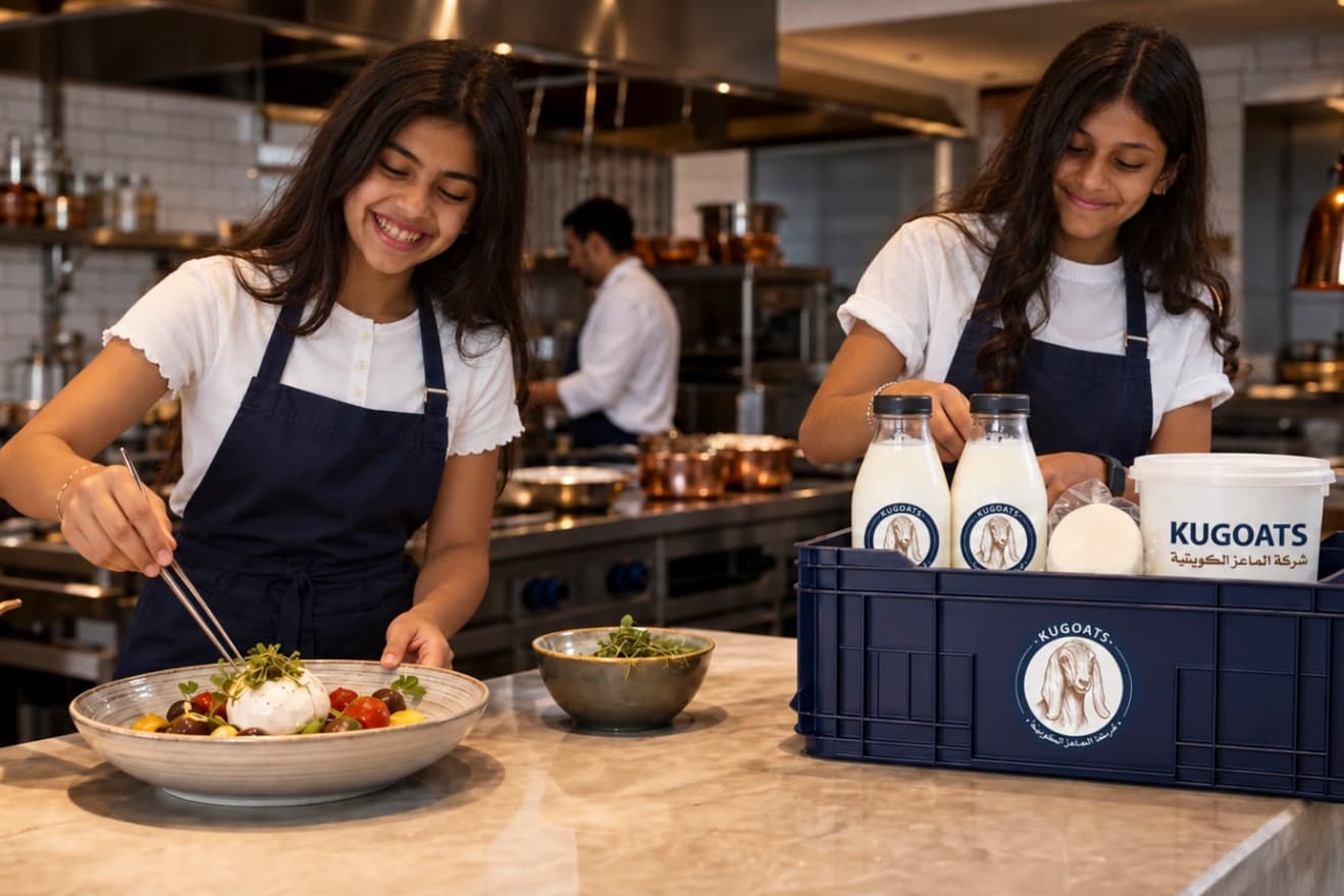 Chefs preparing dishes beside branded KUGOATS dairy products